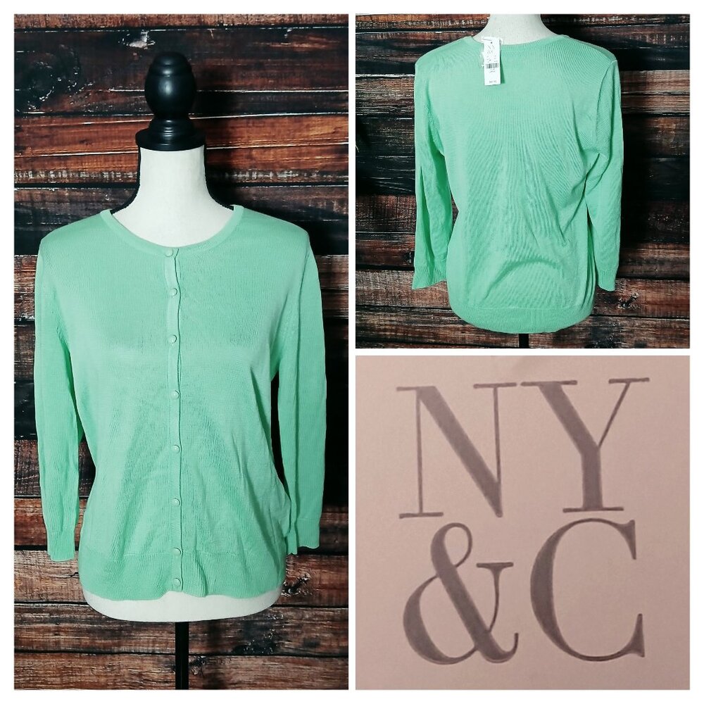NWT New York & Company Cardigan Sweater L Button Front Mint Green 3/4 Sleeve NWT